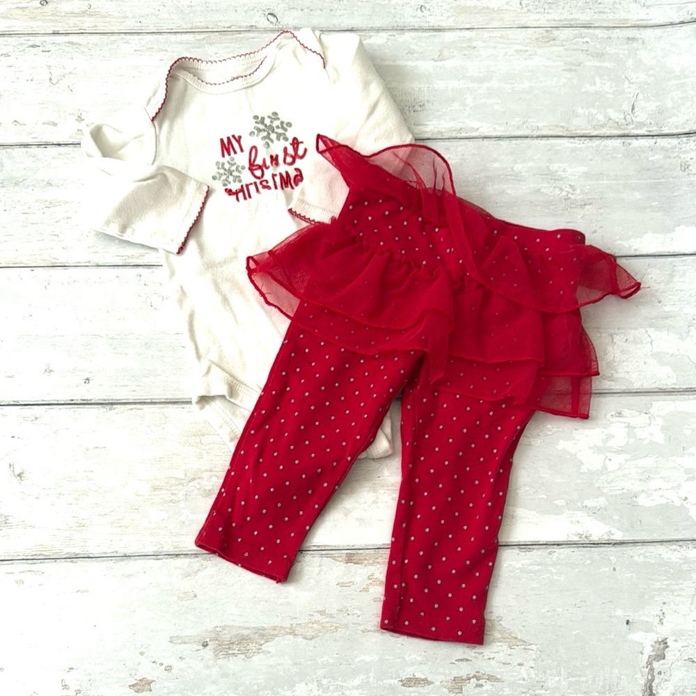 Baby Girl 9m My First Christmas Outfit White Bodysuit Red Leggings Tulle Tutu